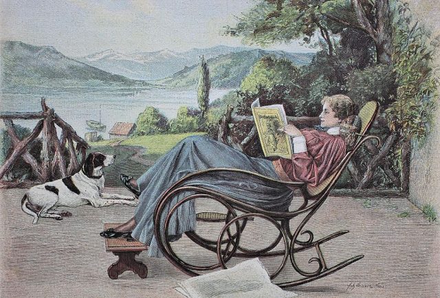 Woman reading a newspaper in a rocking chair, woodcut, 1888, historic engraving (Photo Credit: bildagentur-online/uig via Getty images)