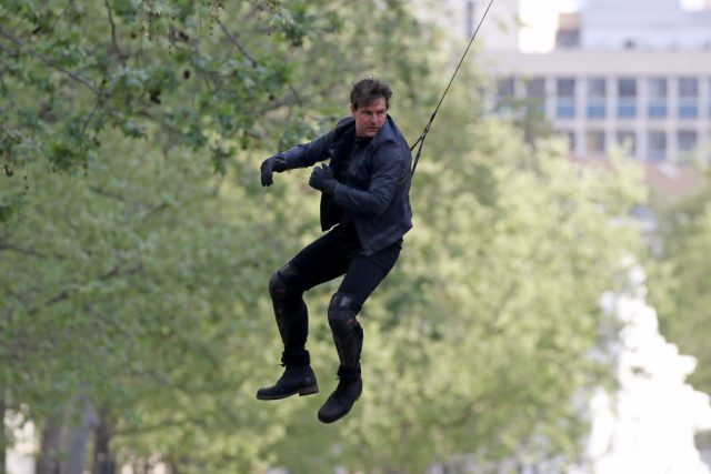 Actor Tom Cruise performs a stunt on set for ‘Mission: Impossible 6 Gemini’ filming on April 10, 2017 in Paris, France. (Photo Credit: Pierre Suu/GC Images)