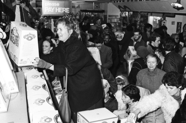 Cabbage Patch Dolls at Hamleys, top London toy store. Hundreds of people clamored for the dolls when the store opened at 9.00 this morning, Saturday, 3rd December 1983. (Photo Credit: Carl Bruin/Daily Mirror/Mirrorpix/Getty Images)
