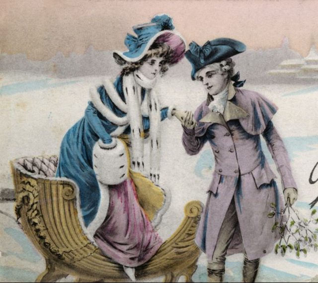 Postcard depicting a man helping a woman from a sled circa 1900. (Photo Credit: Universal History Archive/Universal Images Group via Getty Images)