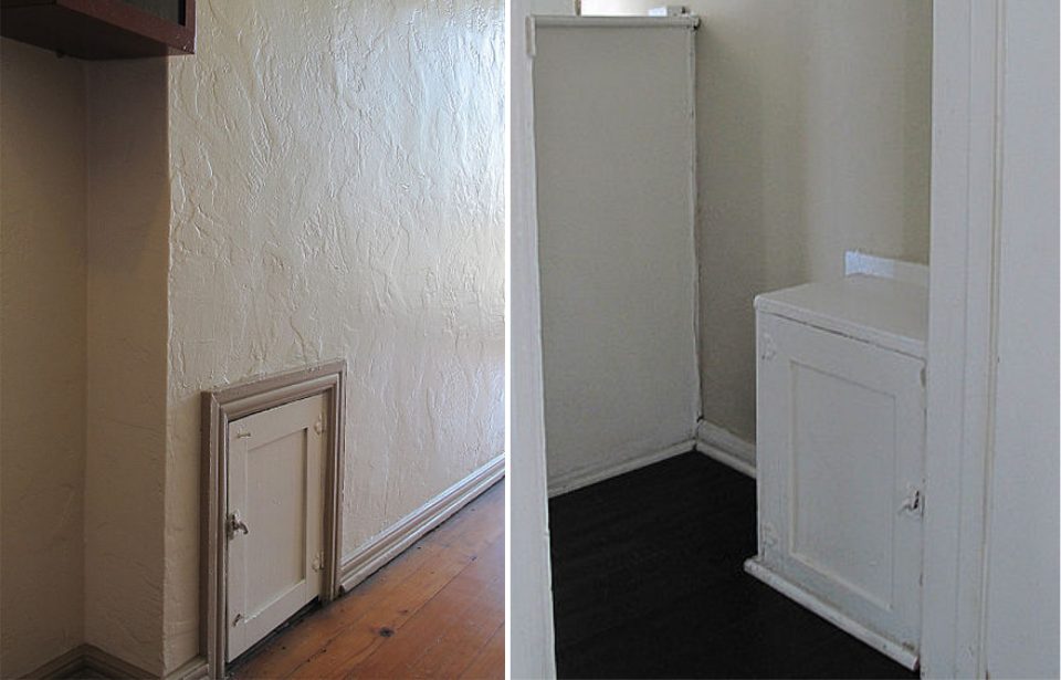 Milk delivery doors, or package safes, in hallways outside 1920s apartments in Los Angeles, California. (Photo Credit: Downtowngal – Self-photographed, CC BY-SA 3.0).