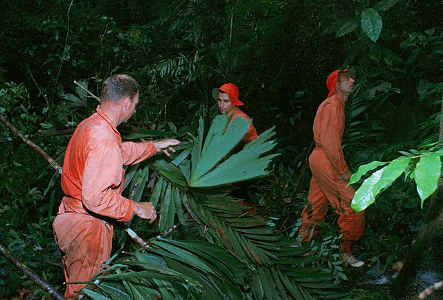 Alfred M. Worden, Harrison H. Schmitt and Ronald E. Evans in the jungle