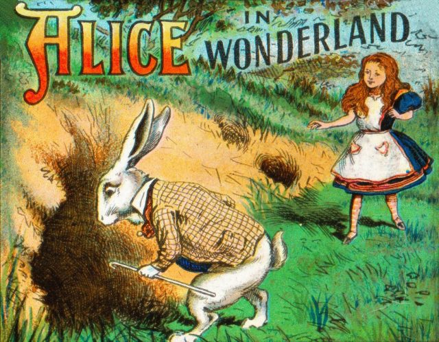 Down the Rabbit Hole’, circa 1900. After the illustrations by John Tenniel. From Coloured Lantern Slides – Primus Junior Lecturers’ Series: No. 776. Alice in Wonderland. Chapter I. Down The Rabbit Hole. [W. Butcher & Sons, London]. Artist Unknown. (Photo Credit: The Print Collector/Getty Images)