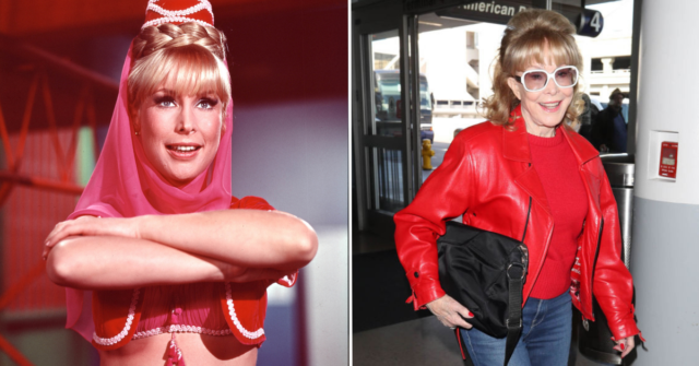 Jeannie with her arms crossed + Barbara Eden walking