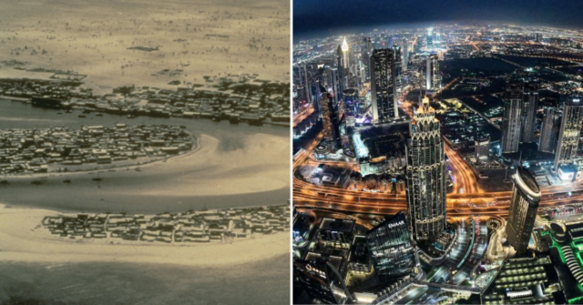 Aerial view of Dubai in the 1950s + Dubai cityscape in 2021