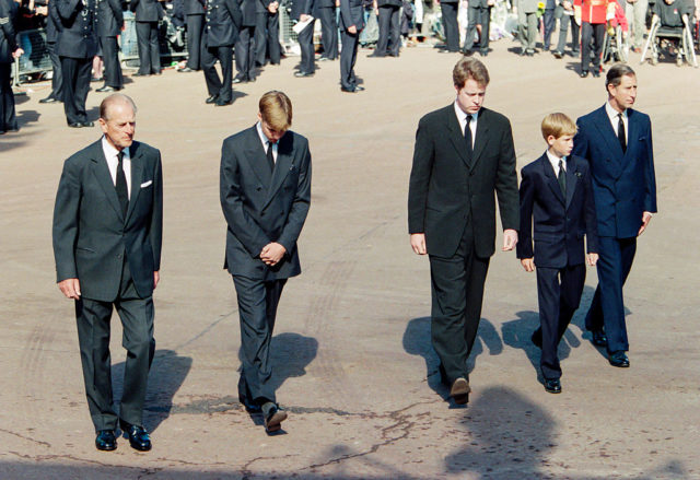 The Duke of Edinburgh, Prince William, Earl Spencer, Prince Harry, and Charles, Prince of Wales