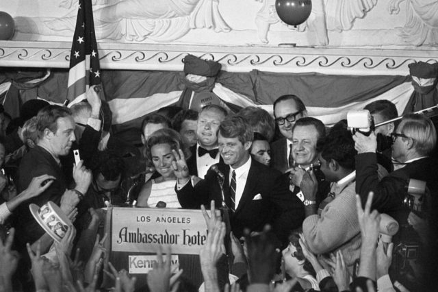 Sen. Robert Francis Kennedy gives victory sign