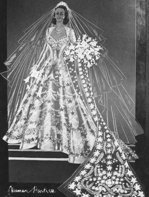 Sketch of Queen Elizabeth II in her wedding dress