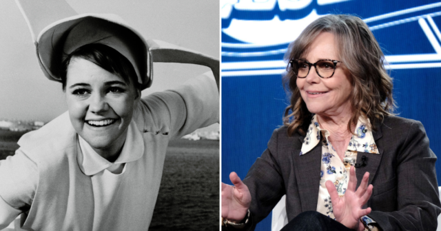 Sister Bertrille holding her arms out from her body + Sally Field gesturing with her hands