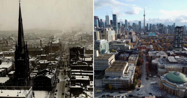 Aerial view of Toronto in 1930 + Aerial view of Toronto in 2021