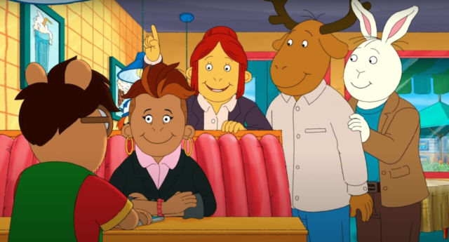 Arthur, Francine, Buster, George and Muffy gathered around a booth at the Sugar Bowl