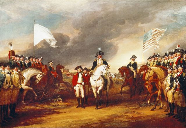 The surrender of Cornwallis at Yorktown, October 19, 1781, by John Trumbull, 1797, oil on canvas. American War of Independence, the United States, 18th century. (Photo Credit: DeAgostini/Getty Images)