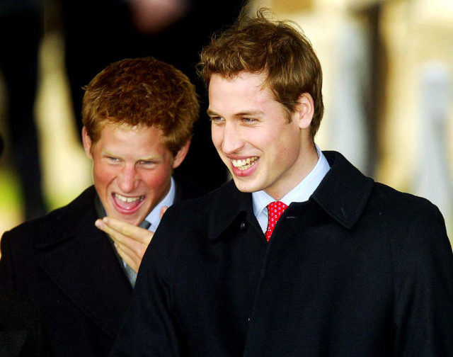 Prince Harry (L) and HRH Prince William sharing a laugh at church in 2003