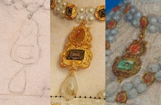 The same pear-shaped pendent on Jane Seymour and miniature of a lady 