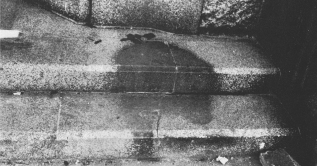 A shadow of a human figure is permanently etched into concrete stairs after the Hiroshima bombing.