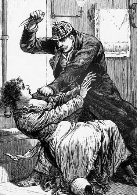 Sketch of Jack the Ripper stabbing a woman