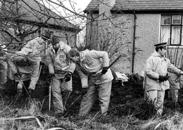 Police investigators digging outside of Peter Sutcliffe's home