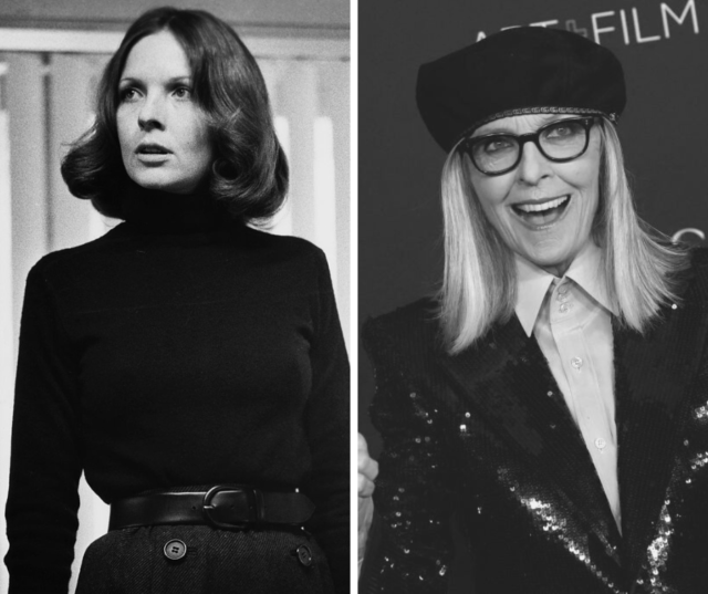 Left: Diane Keaton plays Kay Corleone in 1974 film The Godfather: Part II. Right: Diane Keaton in 2021 attending an event.