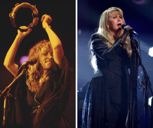 Left: Stevie Nicks holds a tambourine while performing with Fleetwood Mac in 1978. Right: Stevie Nicks performs at the 2019 Rock and Roll Hall of Fame Induction Ceremony.