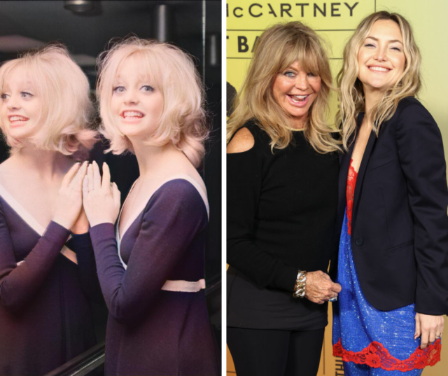 Left: Goldie Hawn circa 1970. Right: Goldie Hawn poses with daughter Kate Hudson at a 2021 event.