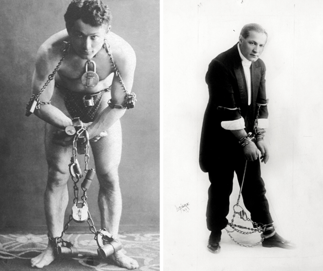 Left: Harry Houdini poses with his arms and legs shackled together. Right: Theodore Hardeen stands with his hands and feet handcuffed.
