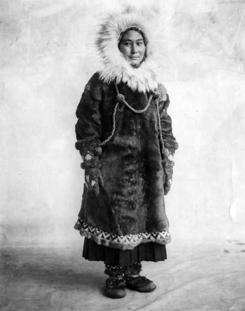 Portrait of Ada Blackjack in traditional Inupiat clothing.