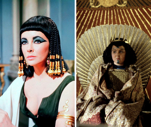 Left: Elizabeth Taylor in costume for her role as Cleopatra. Right: Arsinoe is portrayed as a young child in the HBO series "Rome". 