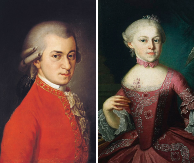 Left: A portrait of Wolfgang Amadeus Mozart. Right: A portrait of Wolfgang Mozart's sister Maria Anna Mozart.
