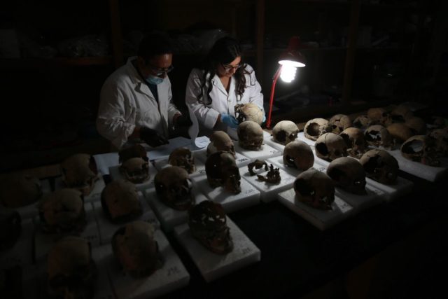 Archeologists look at skulls unearthed in Mexico City 