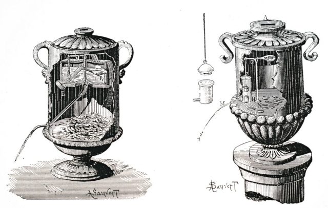 a sketch showing the inner workings of a holy water dispenser