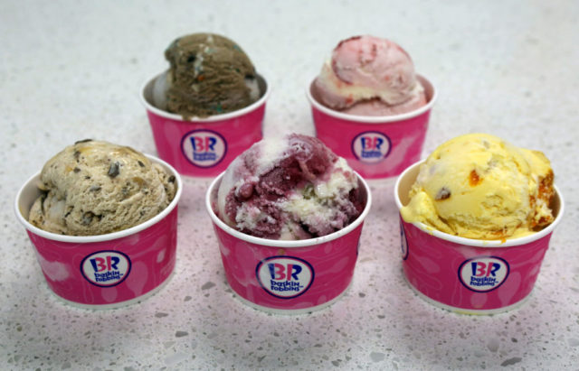 Five cups of ice cream in the old Baskin-Robbins branded packaging