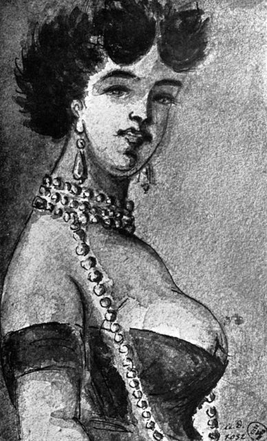 Illustration of a buxom woman with a low-cut dress