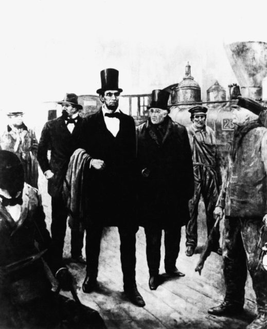 Lincoln at the train station with Allan Pinkerton and Ward Hill Lamon