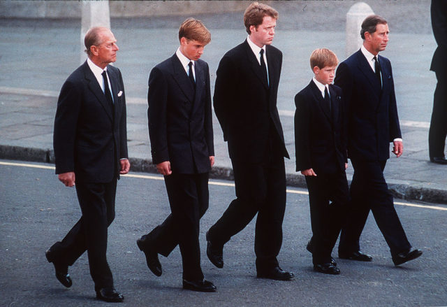 Prince Philip walks with Prince William, Earl Spencer, Prince Harry, and Prince Charles behind Diana's casket