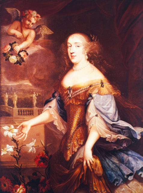 Anne-Marie-Louise d'Orléans in a painting with flowers and a cherub