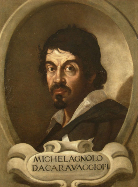 Michelangelo Merisi da Caravaggio stares out from a painted portrait