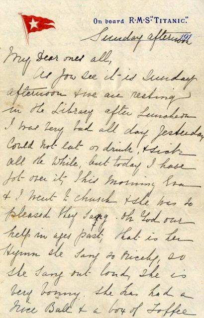 Handwritten letter on RMS Titanic stationary from Esther and Eva Hart.