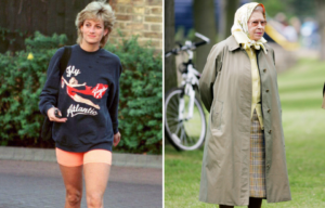 Princess Diana walking in fitness clothes + Queen Elizabeth II wearing a raincoat