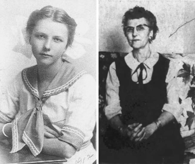Side by side photographs of Ruth Becker, aged 7 in 1912, and aged 48 in 1960.