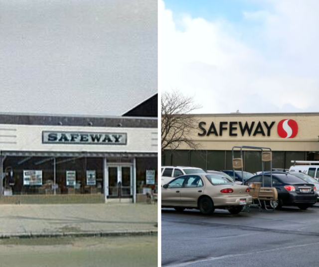 Left: A Safeway store in the 1950s. Right: A Safeway store in 2020.