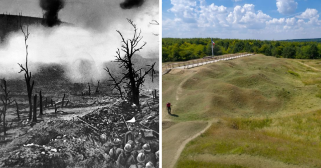 Left: the desolated battlefield of Verdun in 1916. Right: Verdun today, with trees and grass covering the craters left from the war.
