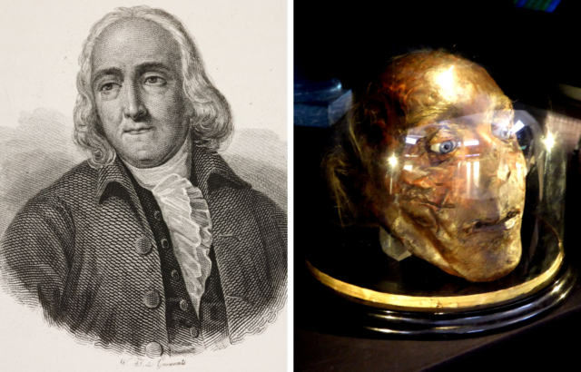 Left: Portrait of Jeremy Bentham. Right: Bentham's preserved head on display.