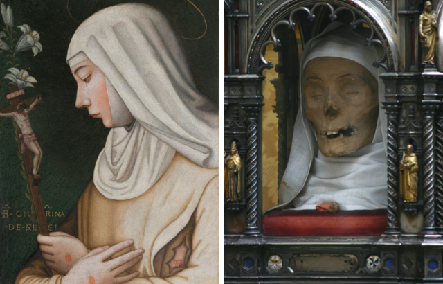 Left: portrait of Saint Catherine of Siena. Right: the preserved head of Saint Catherine on display in Italy.