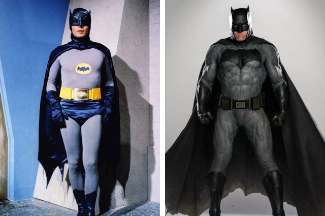 Side-by-side Batmans from the 1960s and 2016, respectively