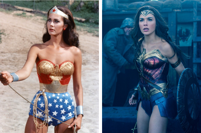 Side-by-side of Wonder Woman from the 1970s and 2017, respectively