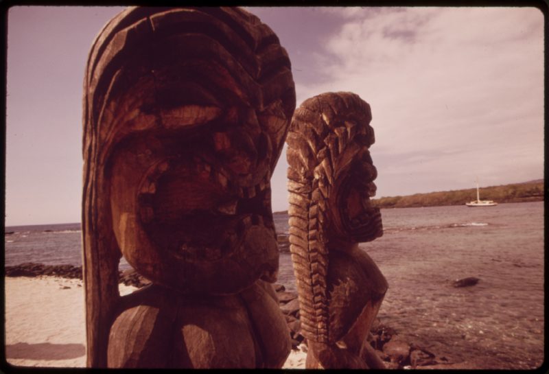Ancient statues in the city of refuge national historic park near Honaunau on the western side of the island, November 1973
