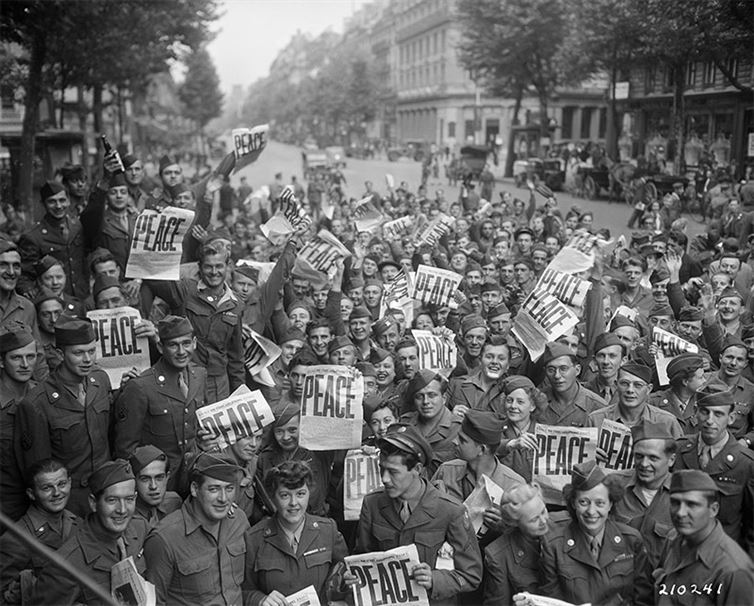Soldiers celebrating the end of the Second World War.