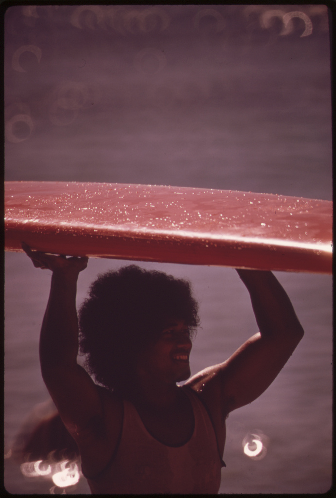 Surfer at Waikiki Beach, October 1973