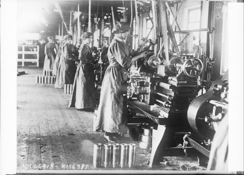 Women working on lathes in a munitions factory Scotland