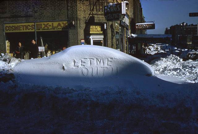 Queens NY Drug store and snow covered car 1961